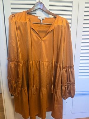 Emmie Rose Rust Orange Tiered Satin Dress with Tassel Tie